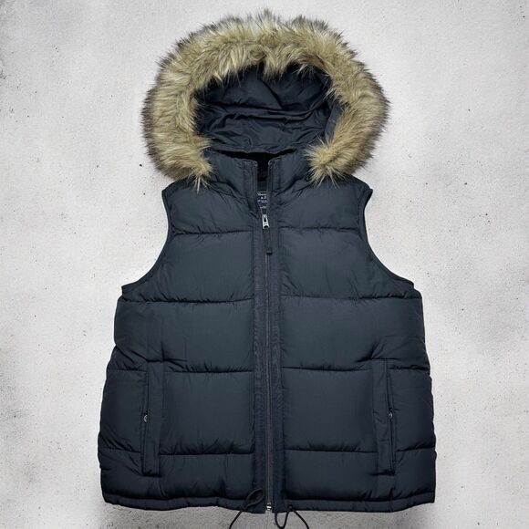 Abercrombie & Fitch Black Puffer Insulated Hooded Faux Fur Women Vest L Preowned - Picture 1 of 14